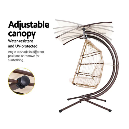 Gardeon Outdoor Egg Swing Chair Wicker Furniture Pod Stand Canopy 2 Seater Latte - Mekamart Australia