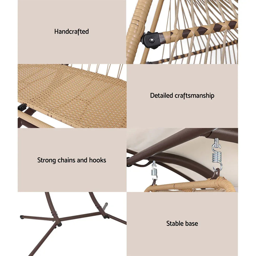 Gardeon Outdoor Egg Swing Chair Wicker Furniture Pod Stand Canopy 2 Seater Latte - Mekamart Australia
