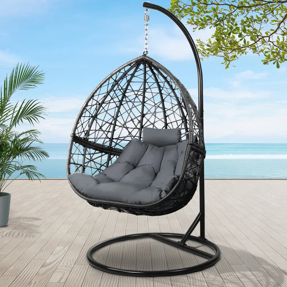 Gardeon Outdoor Egg Swing Chair Wicker Rattan Furniture Pod Stand Cushion Grey - Mekamart Australia