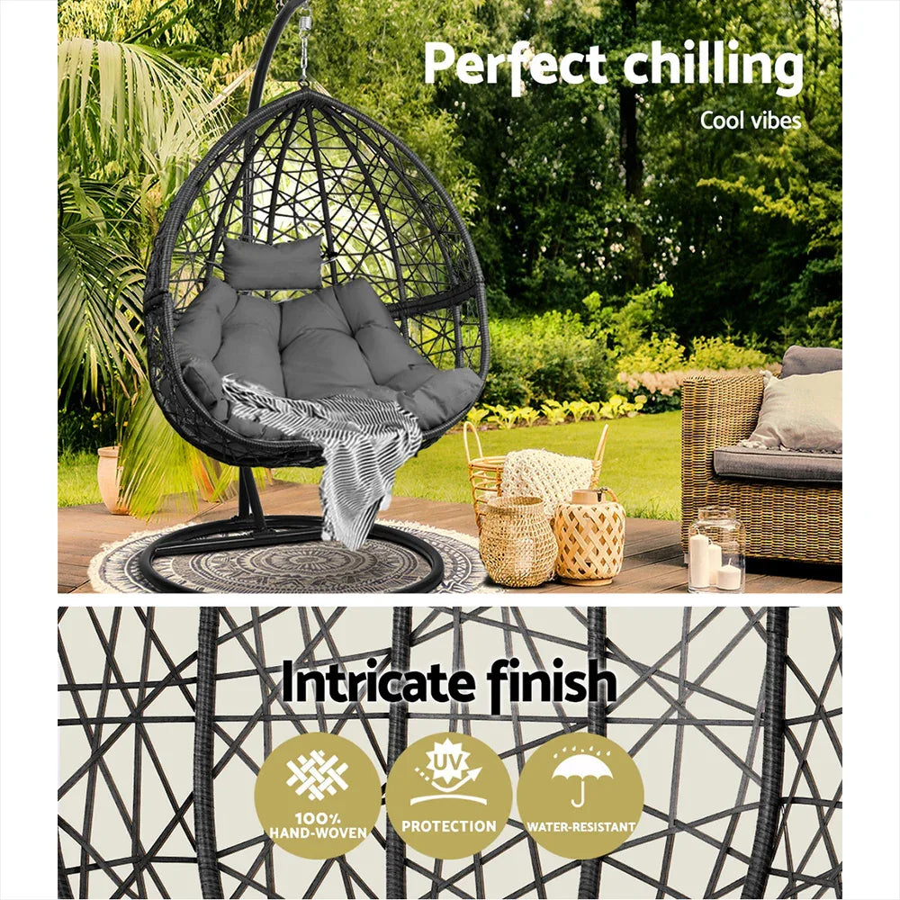 Gardeon Outdoor Egg Swing Chair Wicker Rattan Furniture Pod Stand Cushion Grey - Mekamart Australia