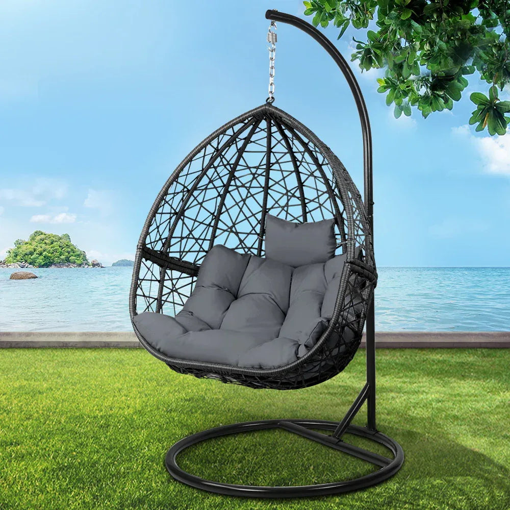 Gardeon Outdoor Egg Swing Chair Wicker Rattan Furniture Pod Stand Cushion Grey - Mekamart Australia