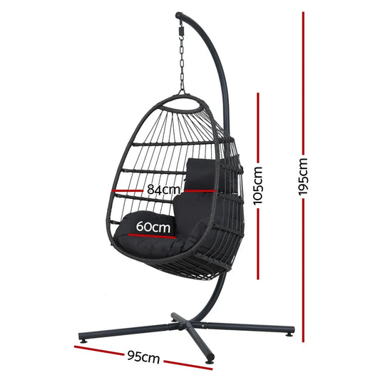Gardeon Outdoor Egg Swing Chair Hanging Chair Wicker Rope Pod Stand Foldable Grey - Mekamart Australia