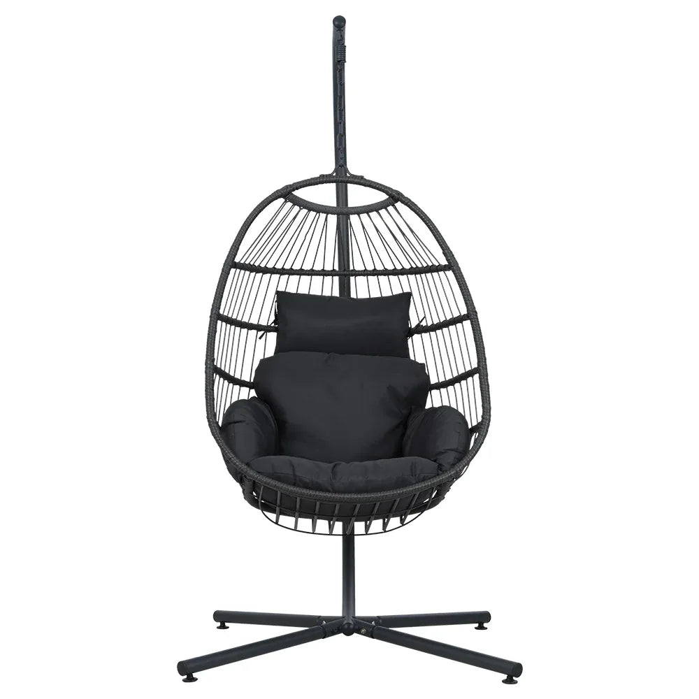 Gardeon Outdoor Egg Swing Chair Hanging Chair Wicker Rope Pod Stand Foldable Grey - Mekamart Australia