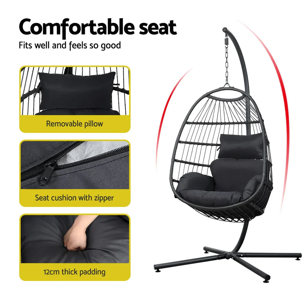 Gardeon Outdoor Egg Swing Chair Hanging Chair Wicker Rope Pod Stand Foldable Grey - Mekamart Australia