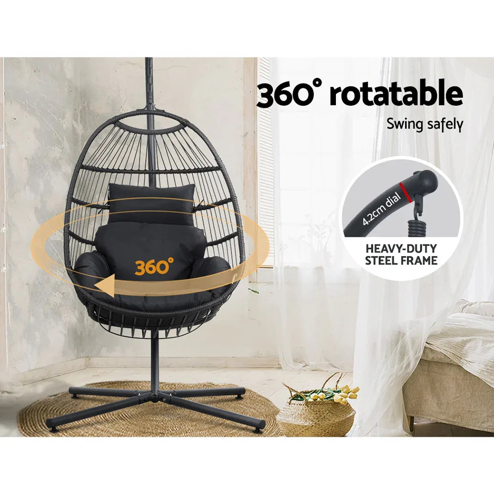 Gardeon Outdoor Egg Swing Chair Hanging Chair Wicker Rope Pod Stand Foldable Grey - Mekamart Australia