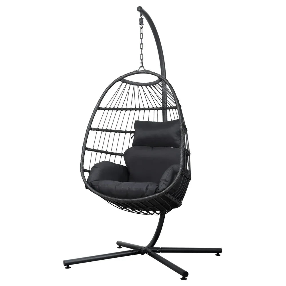 Gardeon Outdoor Egg Swing Chair Hanging Chair Wicker Rope Pod Stand Foldable Grey - Mekamart Australia
