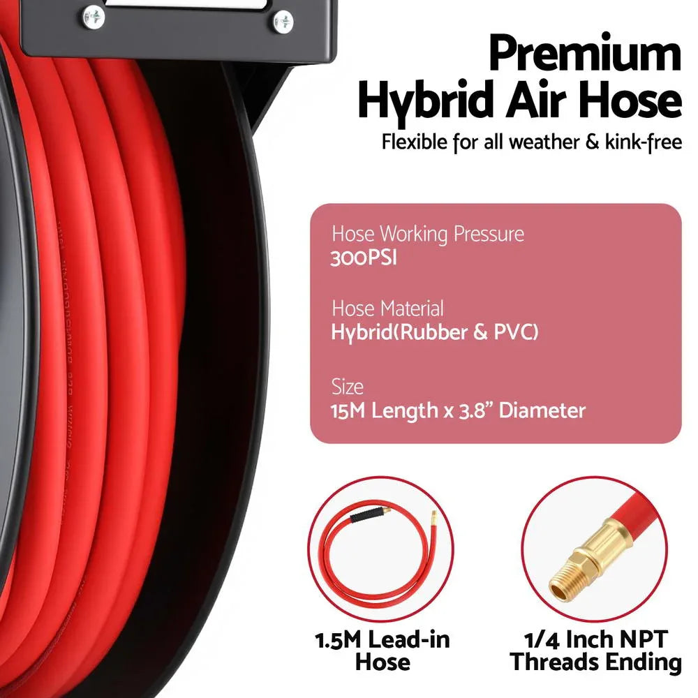 Giantz Air Hose Reel 3/8 IN x 15m Retractable Air Hose 300PSI - Mekamart Australia