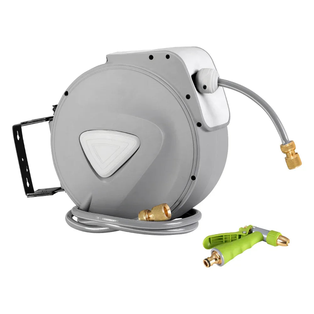 Water Hose Reel 20M Retractable Auto Rewind Garden Brass Spray Gun - Mekamart Australia
