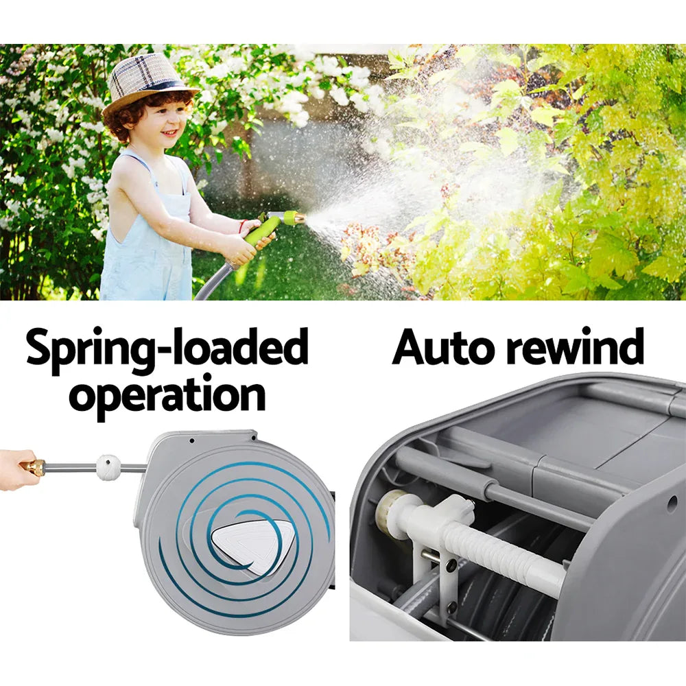 Water Hose Reel 20M Retractable Auto Rewind Garden Brass Spray Gun - Mekamart Australia