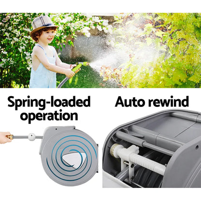 Water Hose Reel 20M Retractable Auto Rewind Garden Brass Spray Gun - Mekamart Australia