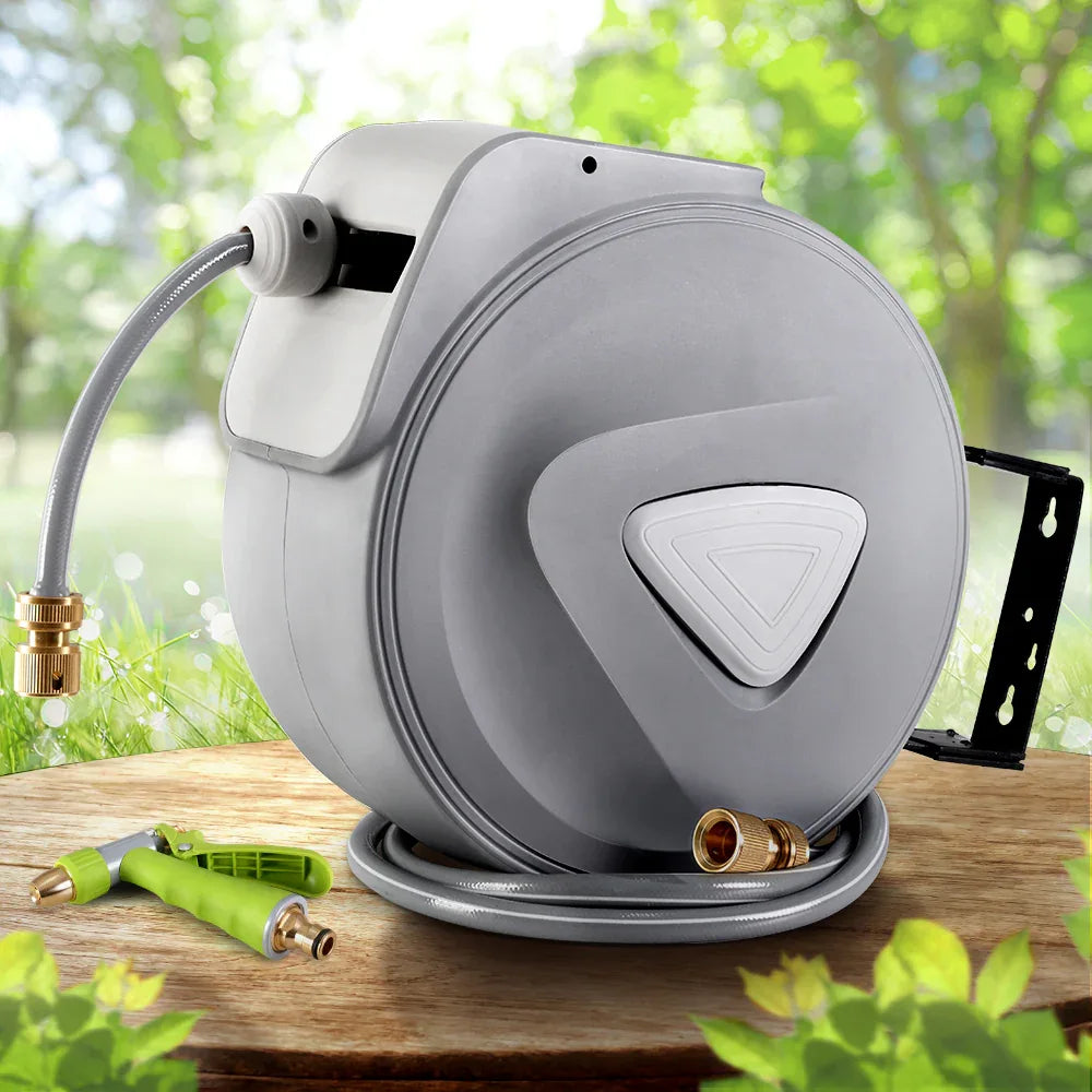 Water Hose Reel 30M Retractable Garden Auto Rewind Brass Spray Gun - Mekamart Australia