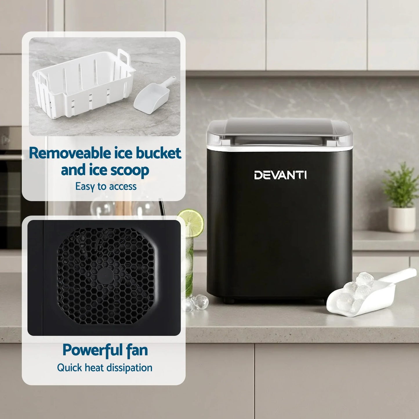 Devanti Ice Maker Machine Portable 12kg Countertop w/Self Cleaning 1.2L Black - Mekamart Australia