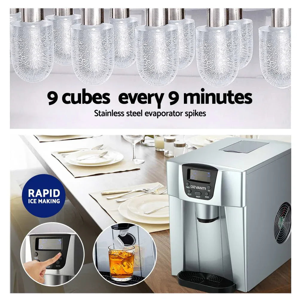 Devanti 2L Portable Ice Cuber Maker & Water Dispenser - Silver - Mekamart Australia