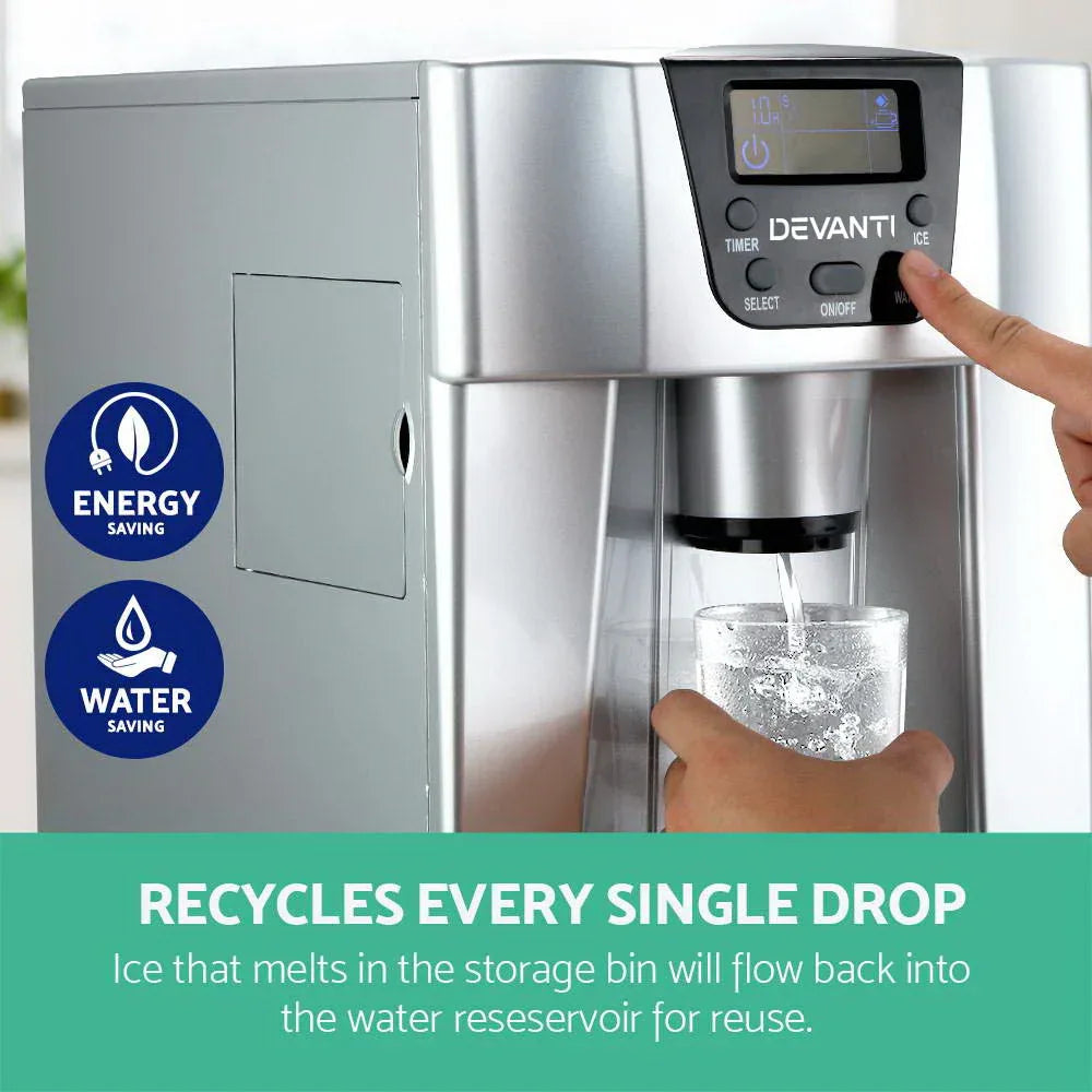 Devanti 2L Portable Ice Cuber Maker & Water Dispenser - Silver - Mekamart Australia