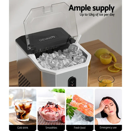 Devanti Portable Ice Maker Machine Ice Cube 12kg Bar Countertop Stainless Steel - Mekamart Australia