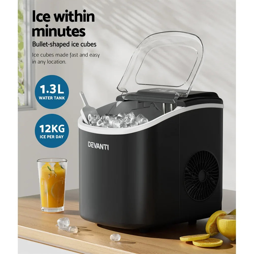 Devanti Portable Ice Maker Machine Ice Cube Tray 12kg Bar Countertop Black - Mekamart Australia