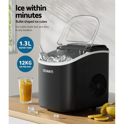 Devanti Portable Ice Maker Machine Ice Cube Tray 12kg Bar Countertop Black - Mekamart Australia