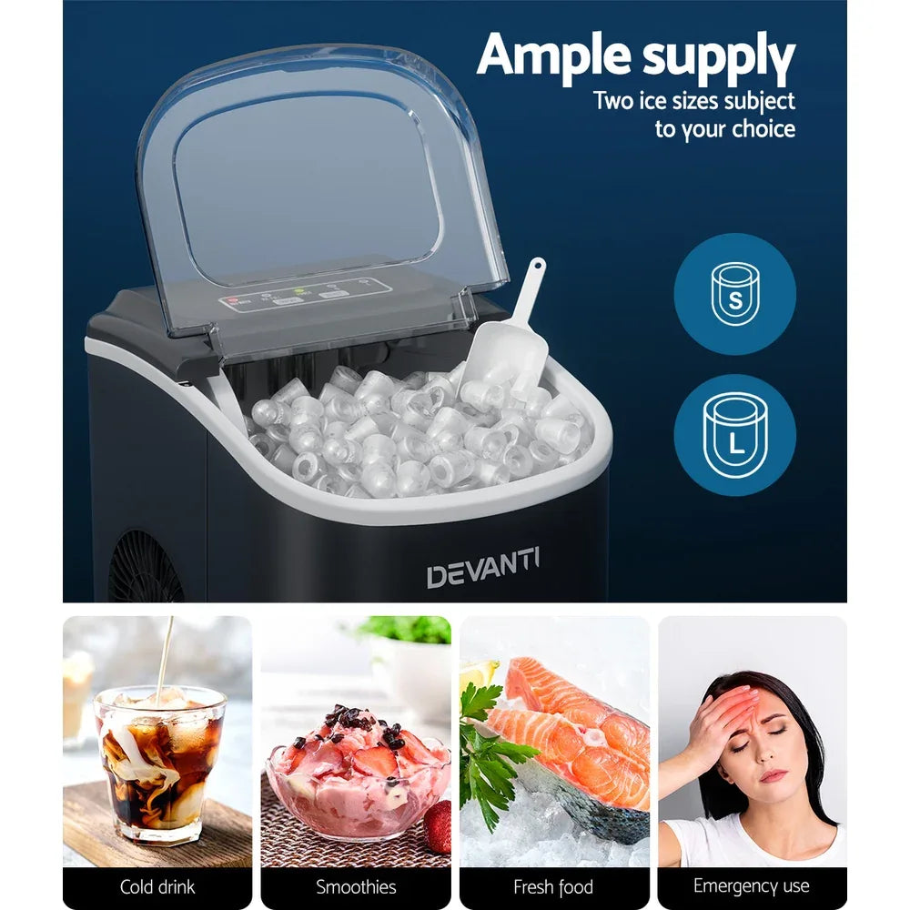 Devanti Portable Ice Maker Machine Ice Cube Tray 12kg Bar Countertop Black - Mekamart Australia