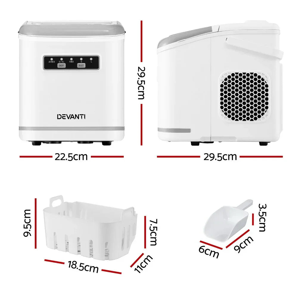 Devanti Ice Maker Machine Portable 12kg Countertop w/Self Cleaning 1.3L White - Mekamart Australia