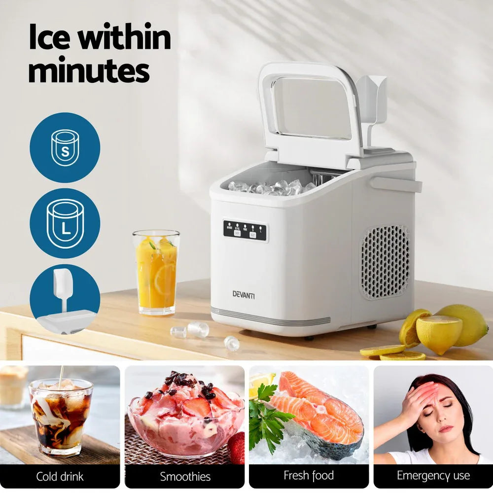 Devanti Ice Maker Machine Portable 12kg Countertop w/Self Cleaning 1.3L White - Mekamart Australia