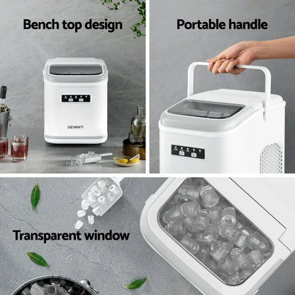 Devanti Ice Maker Machine Portable 12kg Countertop w/Self Cleaning 1.3L White - Mekamart Australia