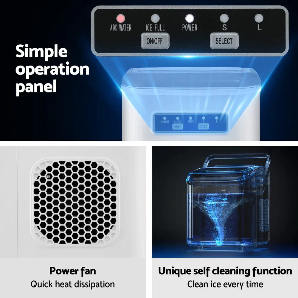 Devanti Ice Maker Machine Portable 12kg Countertop w/Self Cleaning 1.3L White - Mekamart Australia