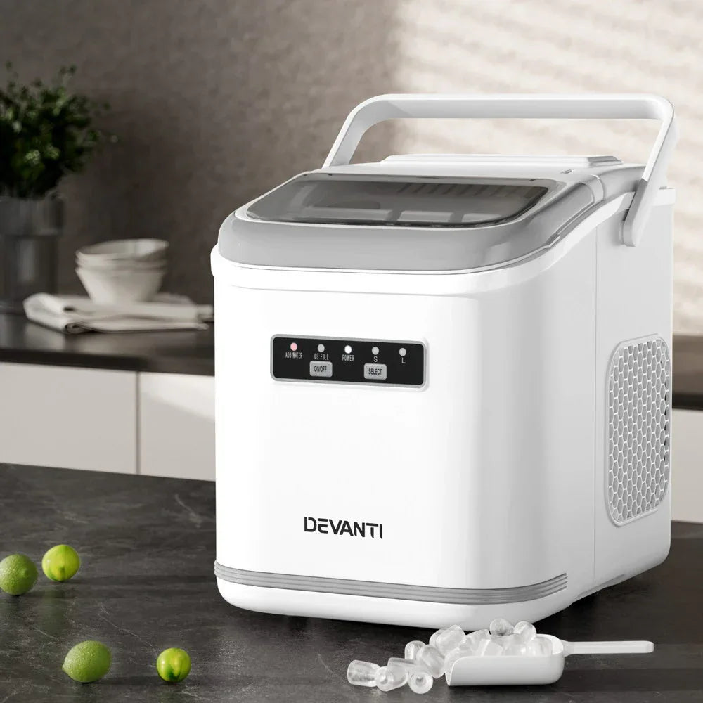 Devanti Ice Maker Machine Portable 12kg Countertop w/Self Cleaning 1.3L White - Mekamart Australia