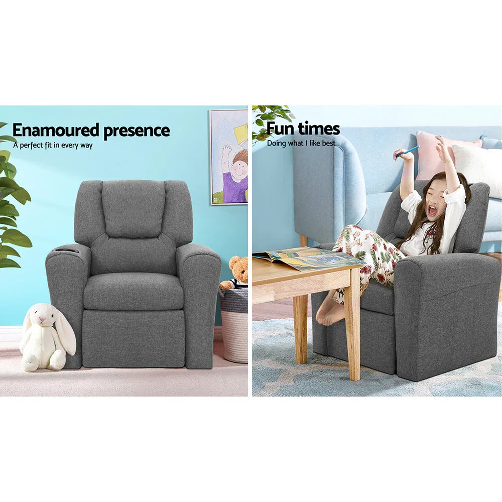 Keezi Kids Recliner Chair Linen Soft Sofa Lounge Couch Children Armchair Grey - Mekamart Australia