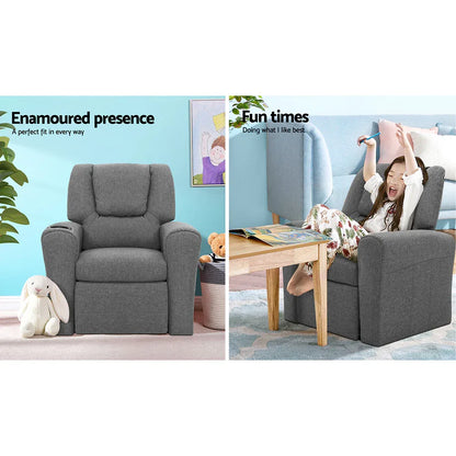 Keezi Kids Recliner Chair Linen Soft Sofa Lounge Couch Children Armchair Grey - Mekamart Australia