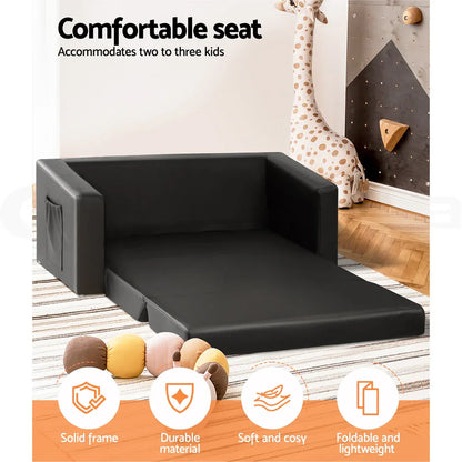 Keezi Kids Sofa 2 Seater Children Flip Open Couch PU Leather Armchair Black - Mekamart Australia