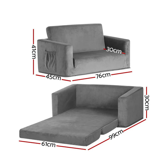 Keezi Kids Sofa 2 Seater Children Flip Open Couch Velvet Armchair Grey - Mekamart Australia