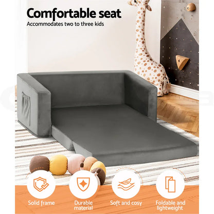 Keezi Kids Sofa 2 Seater Children Flip Open Couch Velvet Armchair Grey - Mekamart Australia