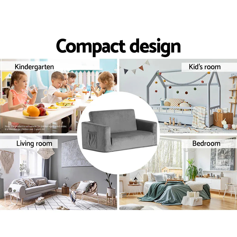 Keezi Kids Sofa 2 Seater Children Flip Open Couch Velvet Armchair Grey - Mekamart Australia