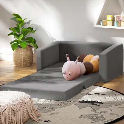 Keezi Kids Sofa 2 Seater Children Flip Open Couch Velvet Armchair Grey - Mekamart Australia