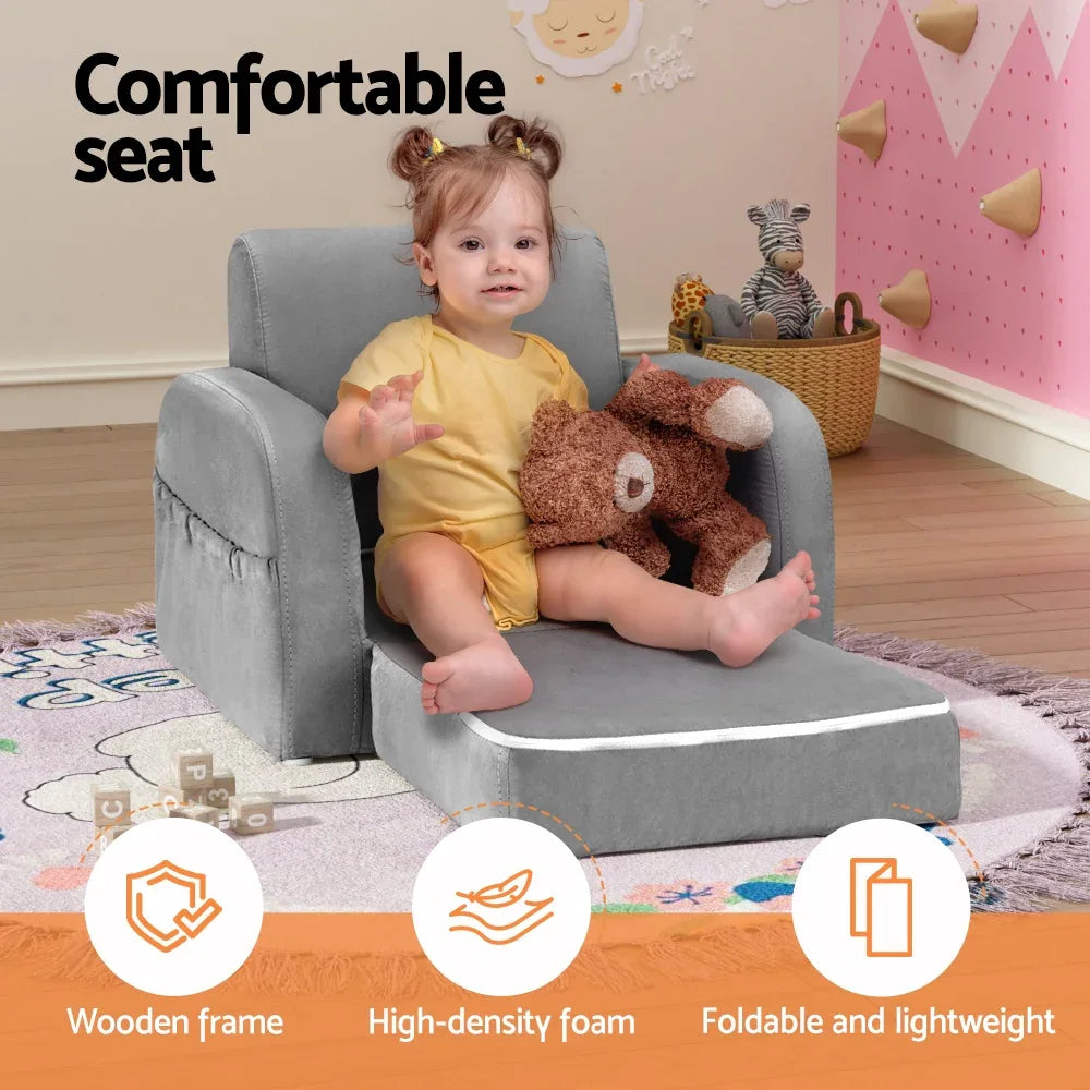 Keezi Kids Sofa 1 Seater Children Flip Open Couch Lounger Armchair Soft Grey - Mekamart Australia