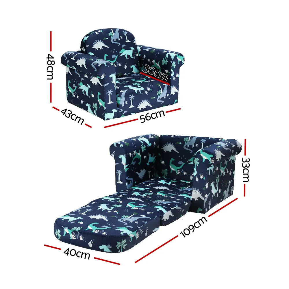Keezi Kids Sofa 1 Seater Children Flip Open Couch Lounger Armchair Dinosaur Navy - Mekamart Australia