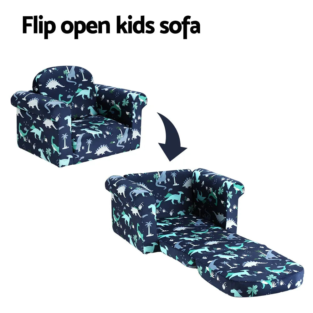 Keezi Kids Sofa 1 Seater Children Flip Open Couch Lounger Armchair Dinosaur Navy - Mekamart Australia
