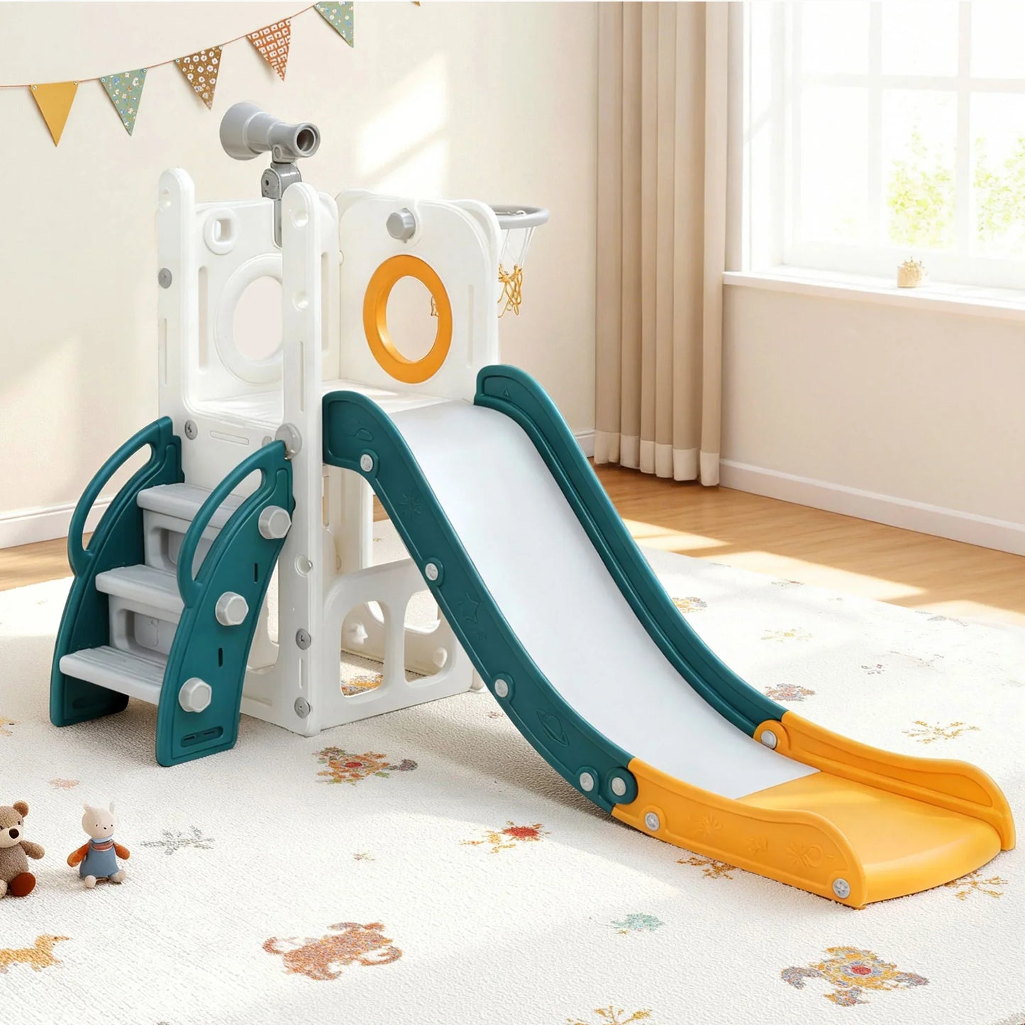 Keezi Kids Slide Set Basketball Hoop Outdoor Playground Outdoor Toys Telescope Storage - Mekamart Australia