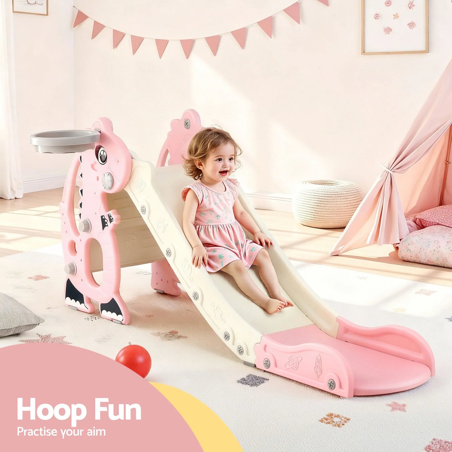 Keezi Kids Slide Set Basketball Hoop Outdoor Playground Toy Dragon 125cm Slide Pink - Mekamart Australia