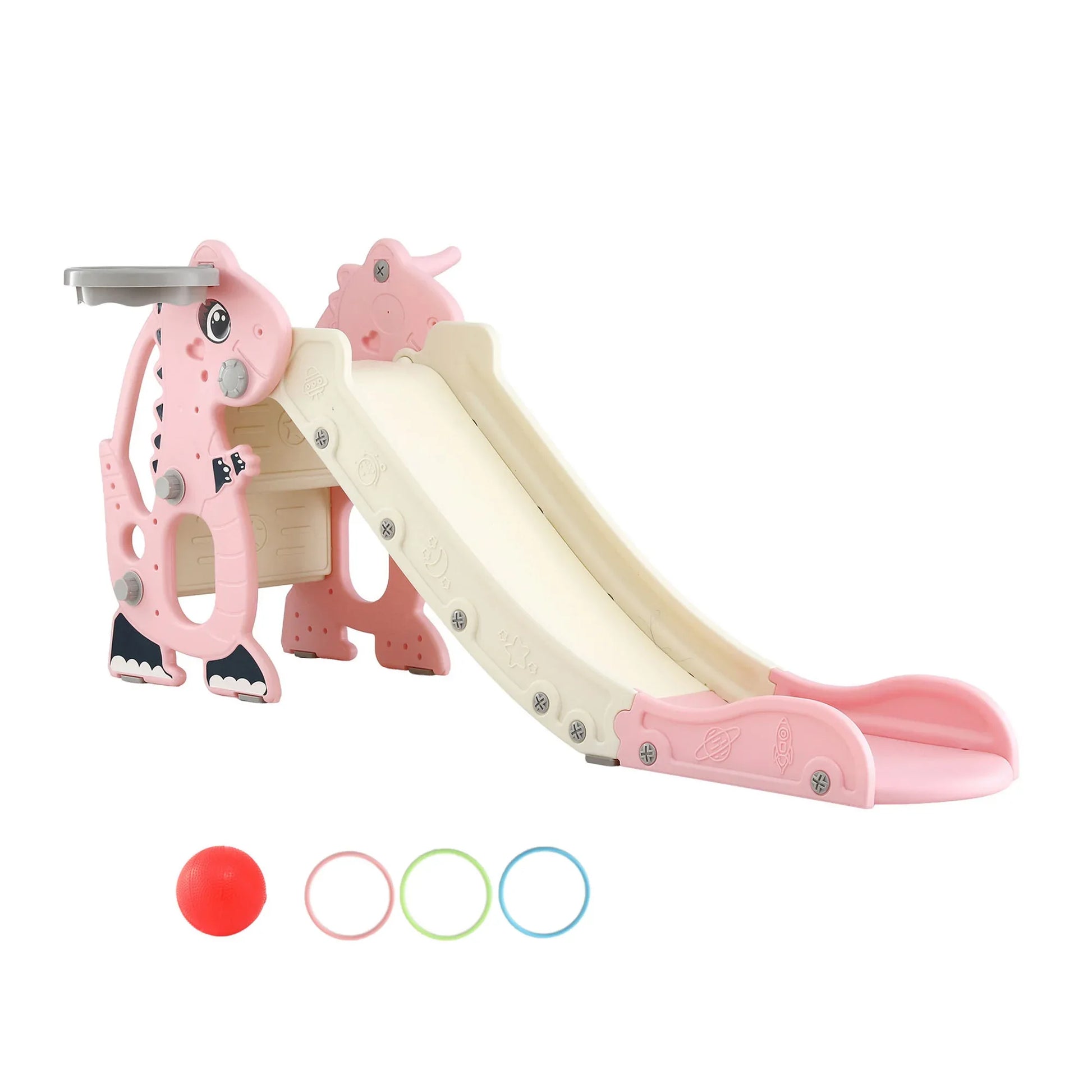 Keezi Kids Slide Set Basketball Hoop Outdoor Playground Toy Dragon 125cm Slide Pink - Mekamart Australia