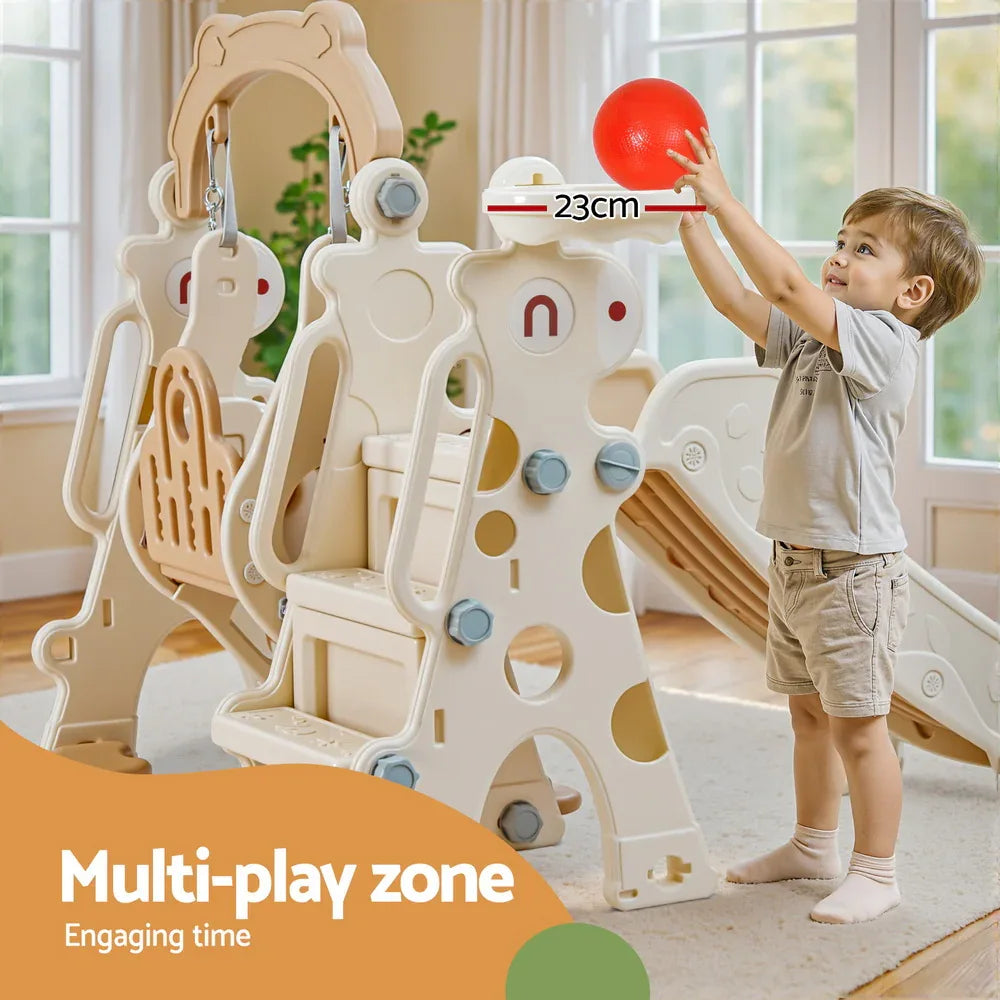 Keezi Kids Slide Swing Set Basketball Hoop Outdoor Playground Toys 160cm Beige - Mekamart Australia