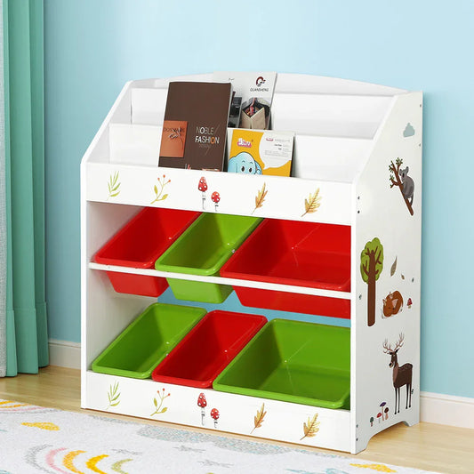 Keezi 3 Tiers Kids Bookshelf Storage Children Bookcase Toy Box Organiser Rack 6 Bins - Mekamart Australia