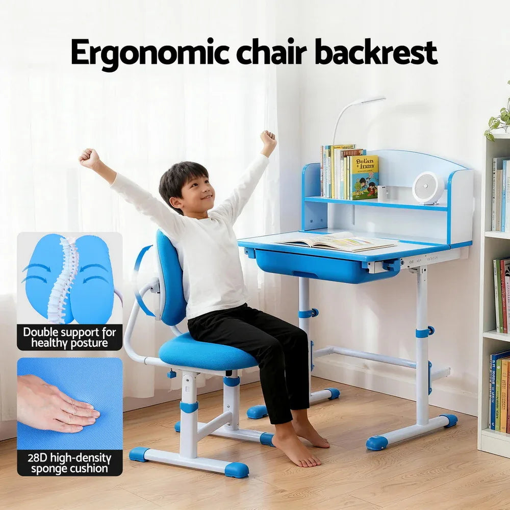 Keezi Kids Study Desk Chair Set Adjustable Ergonomic Table LED Lamp Blue - Mekamart Australia