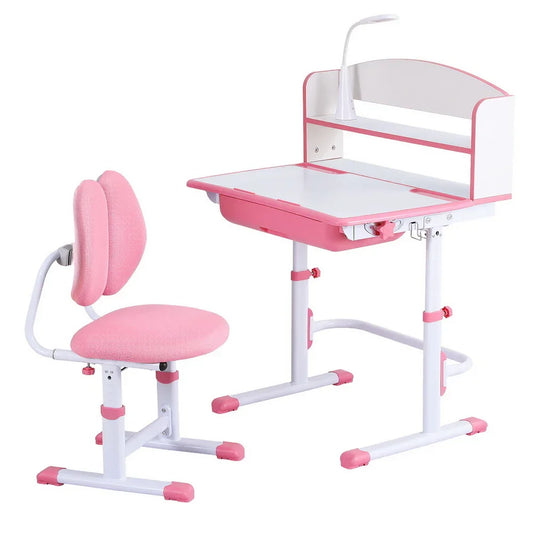 Keezi Kids Study Desk Chair Set Adjustable Ergonomic Table LED Lamp Pink - Mekamart Australia