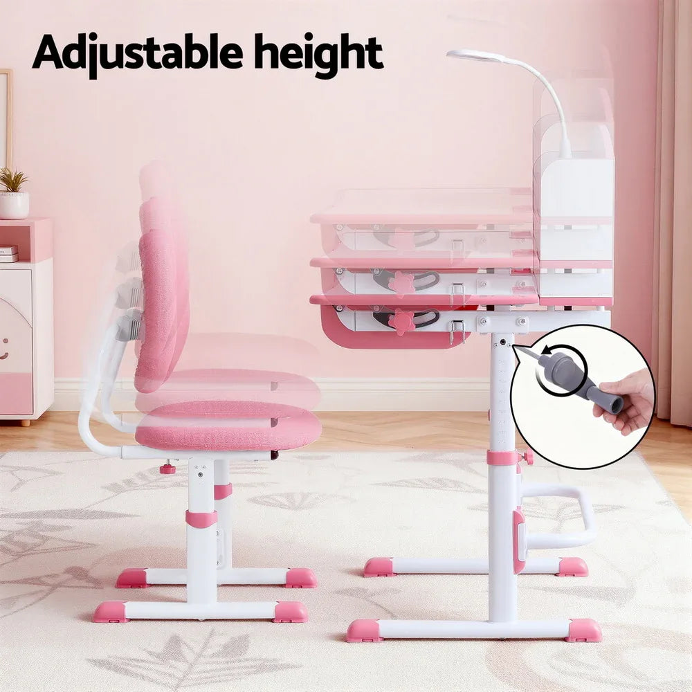 Keezi Kids Study Desk Chair Set Adjustable Ergonomic Table LED Lamp Pink - Mekamart Australia