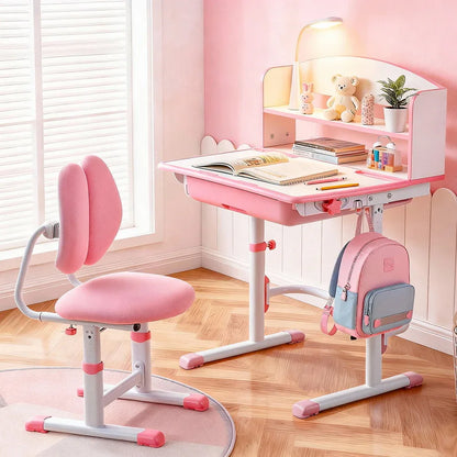 Keezi Kids Study Desk Chair Set Adjustable Ergonomic Table LED Lamp Pink - Mekamart Australia