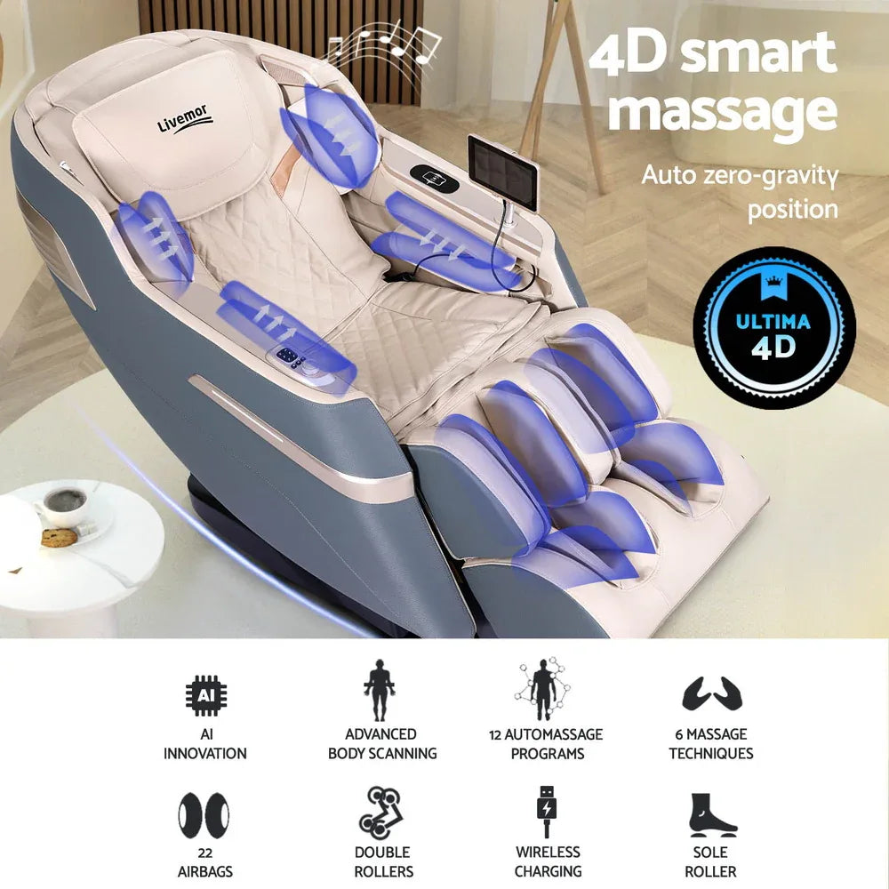 Livemor 4D Massage Chair Electric Recliner Home Massager Gray Sina - Mekamart Australia