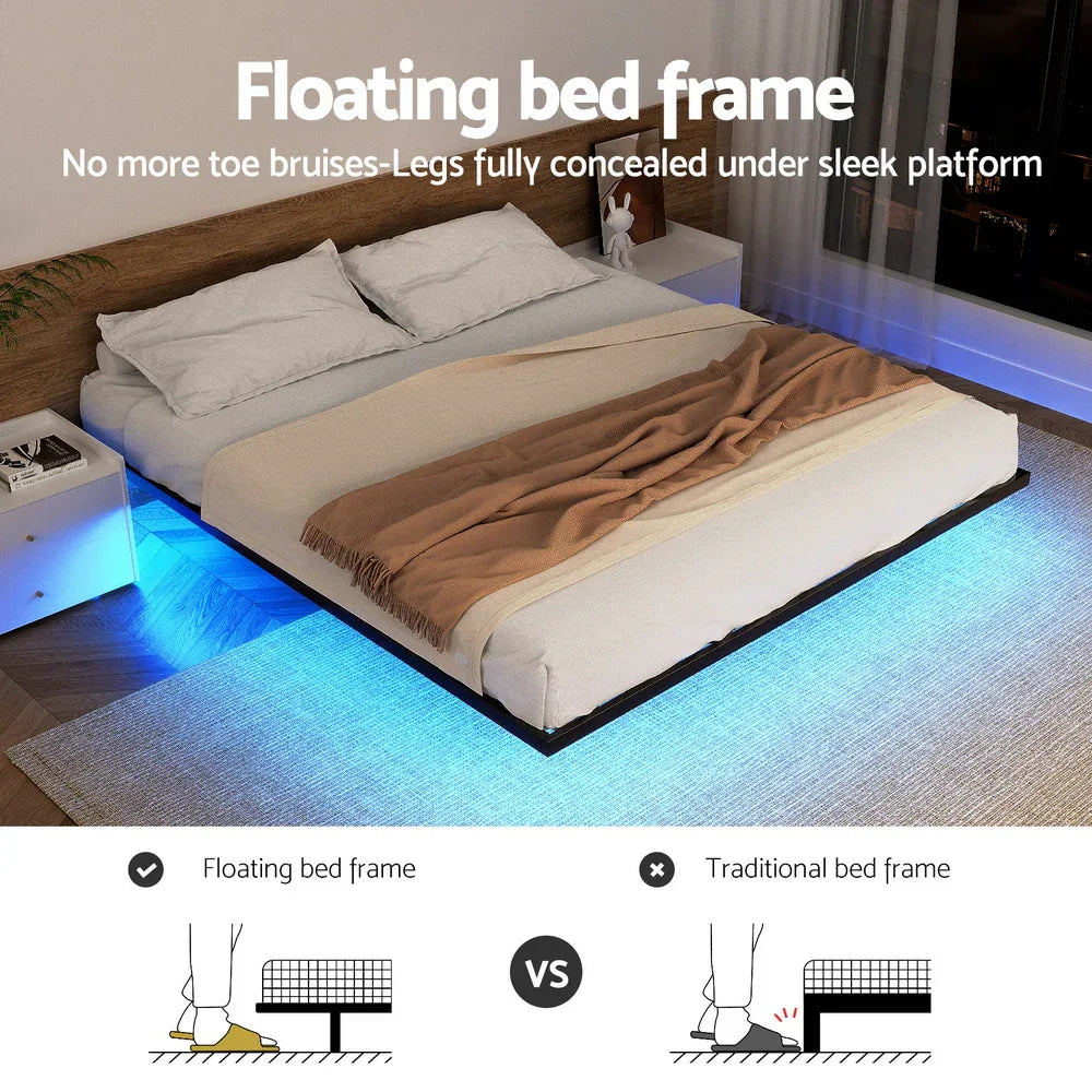 Artiss Double Bed Frame,Floating Metal Bed Frame with Smart LED Lights - Sturdy Metal Platform Bed Base, Silent Design, Tool-Free Assembly, 300KG Capacity for Home/Hotel/Master Bedroom - Mekamart Australia