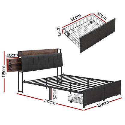 Artiss Metal Bed Frame Double Size with 2-Tier Hidden Storage with Charging Station - Mekamart Australia
