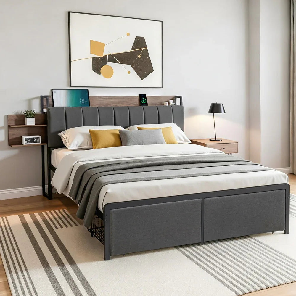 Artiss Metal Bed Frame Queen Size with 2-Tier Hidden Storage with Charging Station - Mekamart Australia
